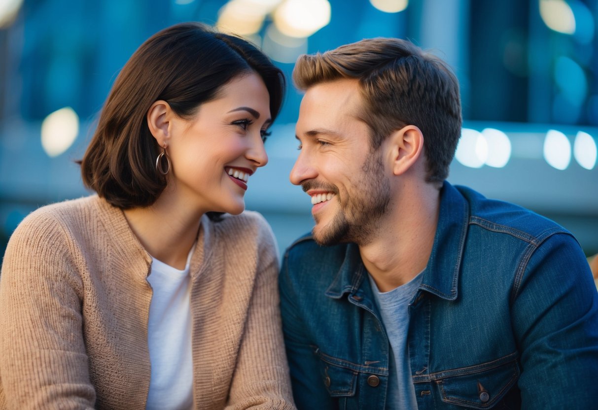 Two people sitting close, one leaning in and sharing intimate stories with the other. Eye contact and genuine smiles indicate a deep connection