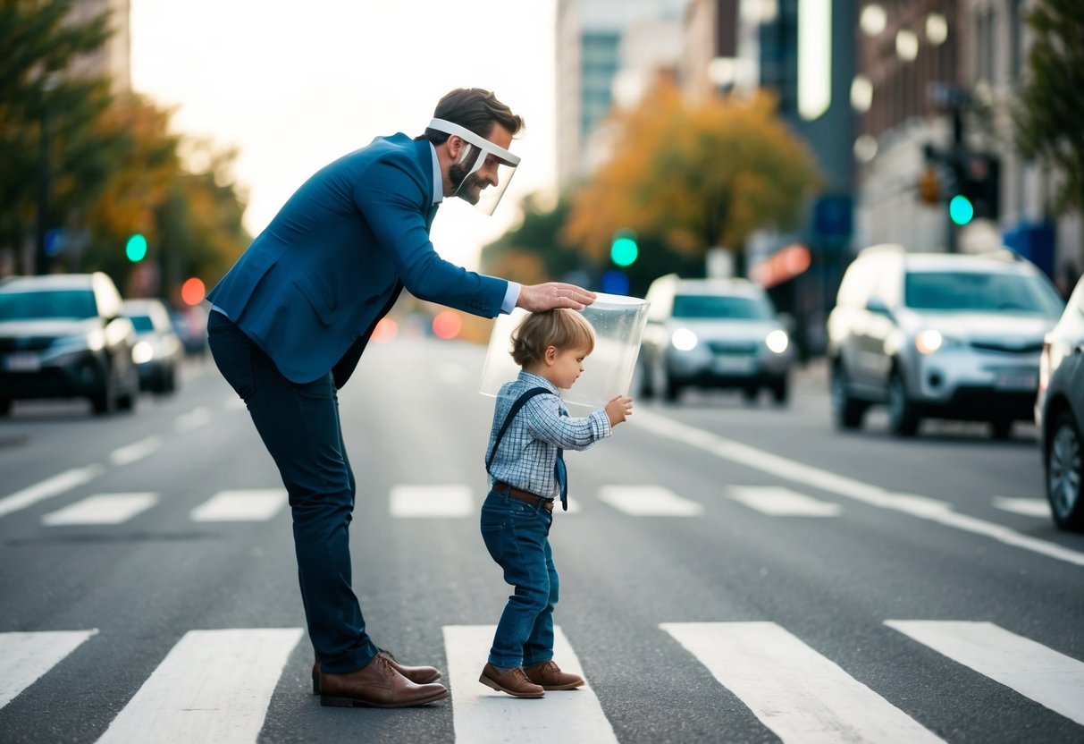 A man shields a small child as they cross the street, showing care and protectiveness