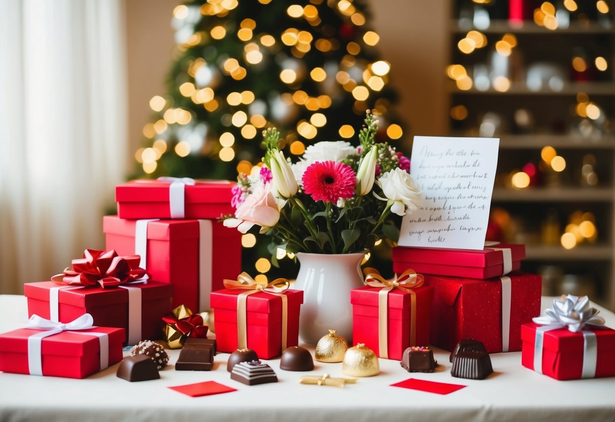 A table covered in carefully selected gifts, including flowers, chocolates, and handwritten notes