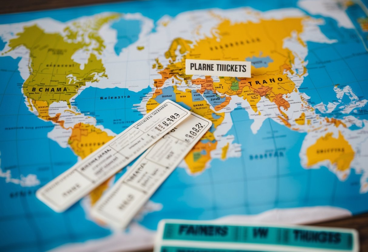 A map of exotic destinations with two sets of plane tickets