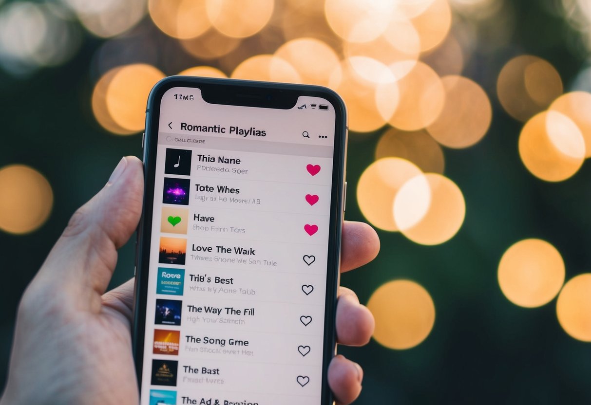 A phone screen displays a playlist with romantic song titles and a heart icon next to each track