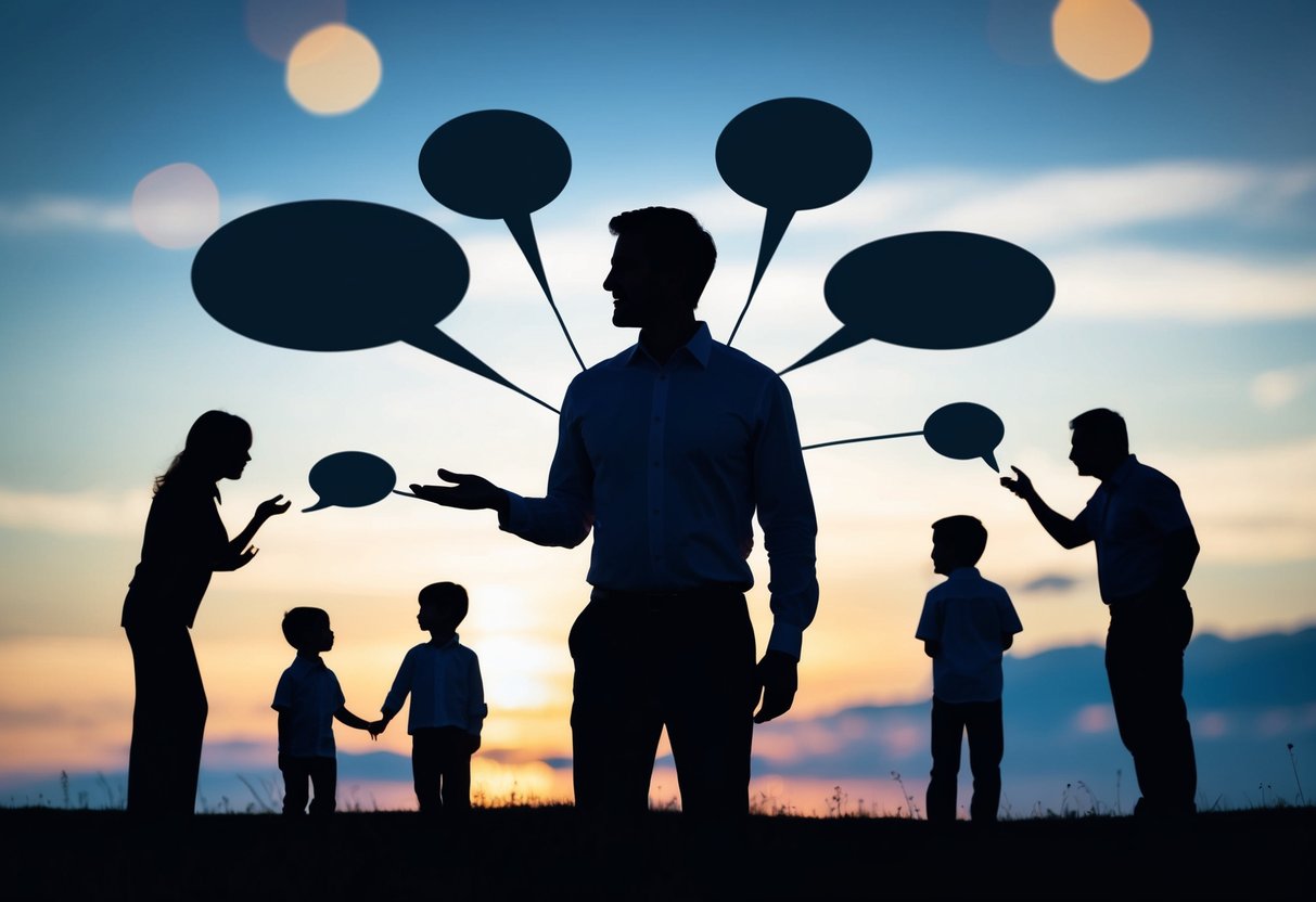 A man's silhouette with speech bubbles connecting to a family of silhouettes, indicating conversation and sharing feelings