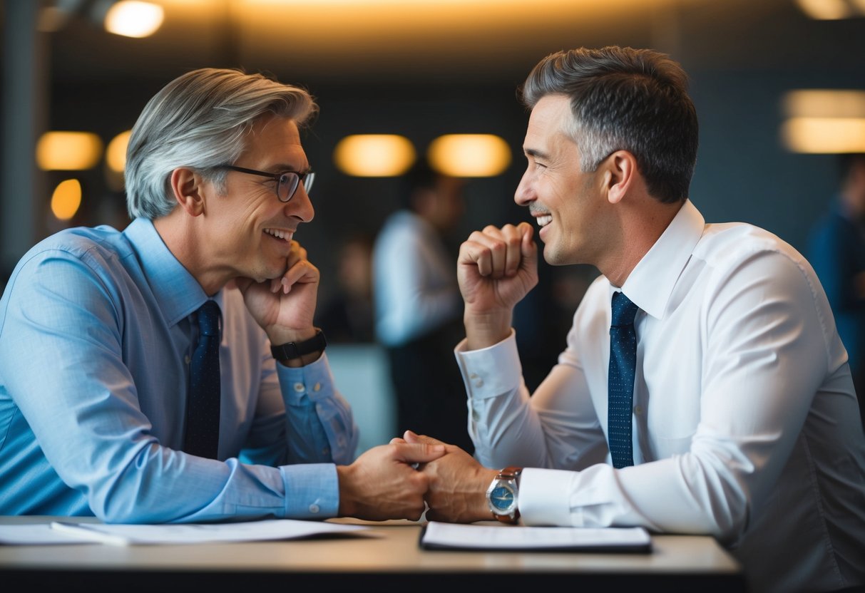 Two figures engaged in a lively debate, with one leaning in attentively to the other's points, showing respect and genuine interest