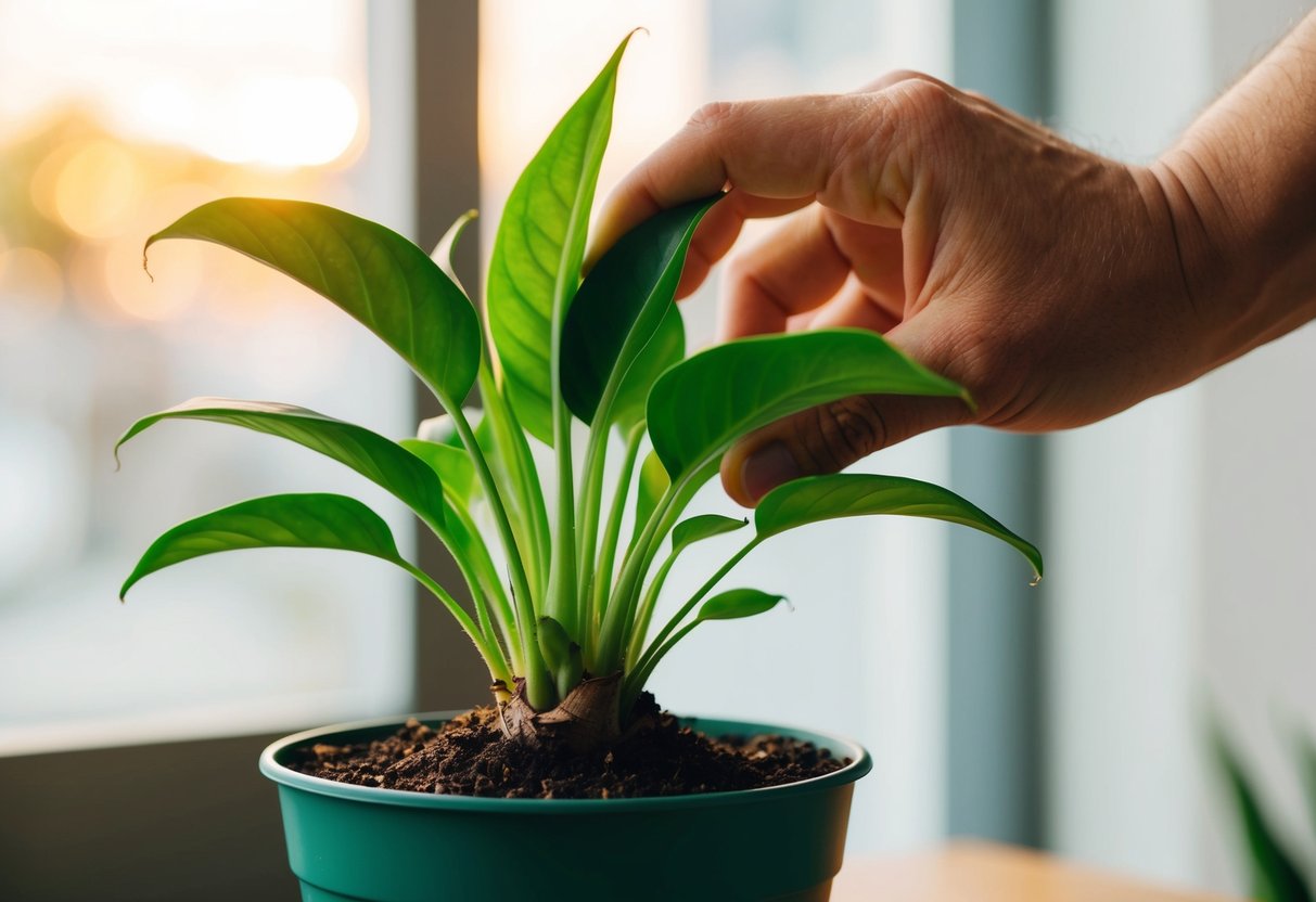 A potted plant flourishing under the gentle guidance of a supportive hand