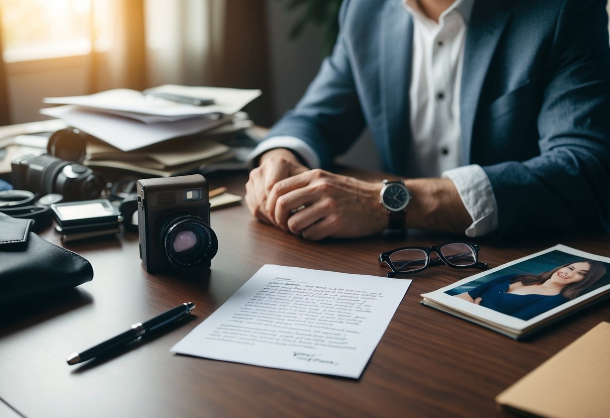 A man's scattered belongings, a half-finished love letter, and a photo of the woman on his desk