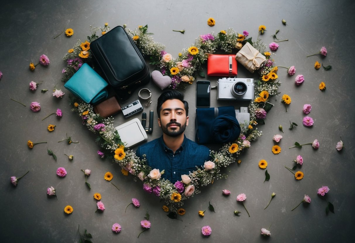 A man's belongings arranged in a heart shape, surrounded by scattered flowers and a lingering gaze