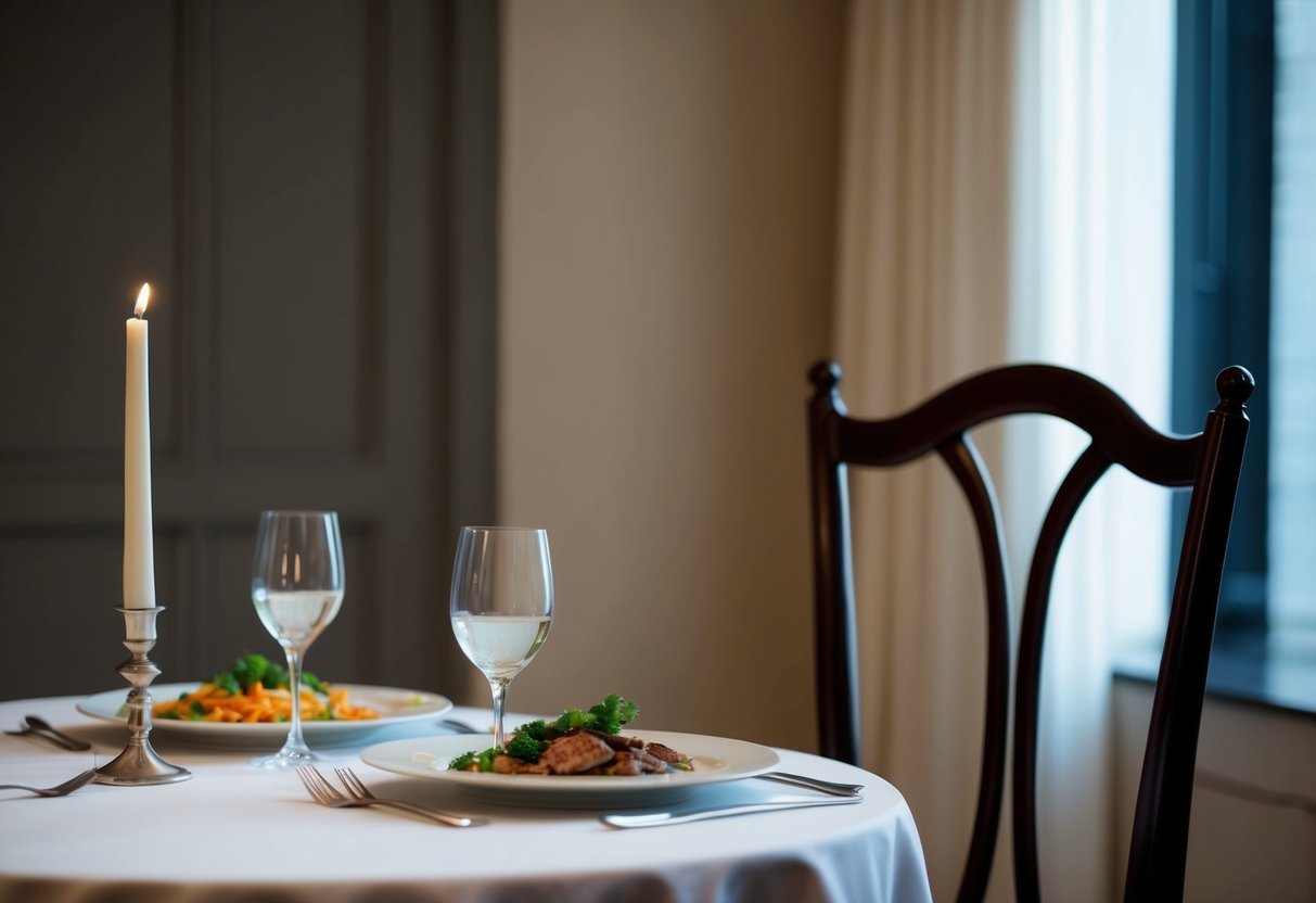 A man's empty chair at a dinner table set for two, with one plate and untouched food, while the other chair sits askew