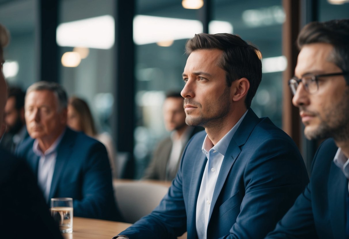 A man sits alone, staring into the distance, avoiding eye contact with others