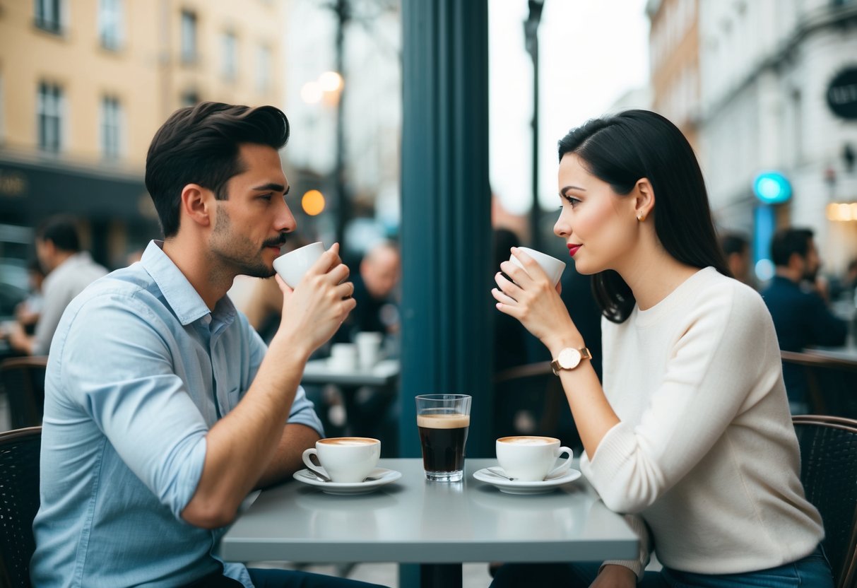 A couple sits at a cafe, sipping coffee. They maintain a polite distance and avoid eye contact, their body language closed off