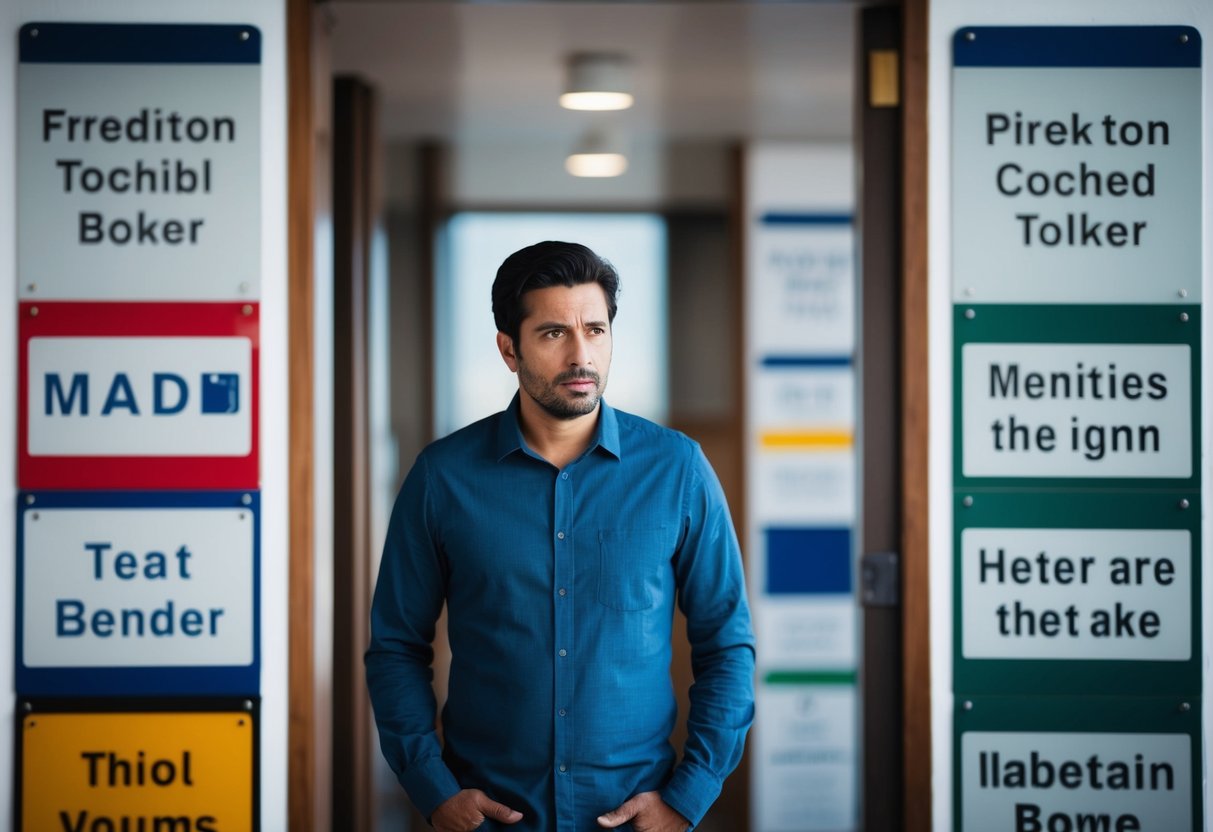 A man stands before a series of labeled signs, looking uncertain and hesitant