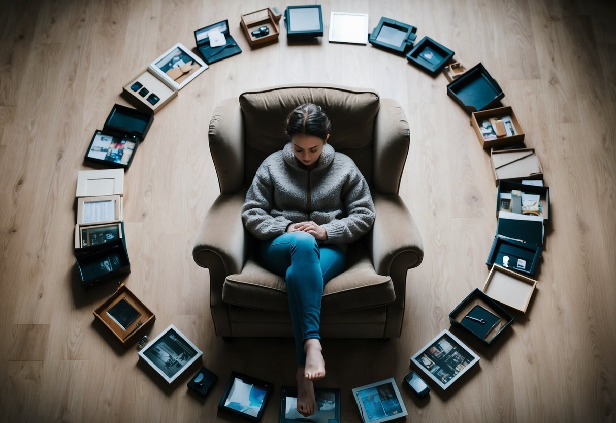 A person sitting alone in a cozy armchair, surrounded by a circle of untouched personal items, with a clear boundary of space around them