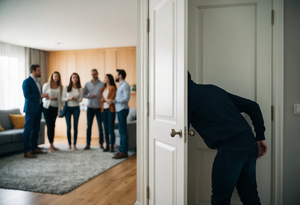 A figure hiding behind a closed door, avoiding a group of people gathered in a living room