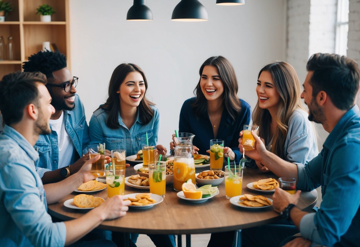 A group of friends gathered around a table, laughing and chatting, with drinks and snacks scattered around