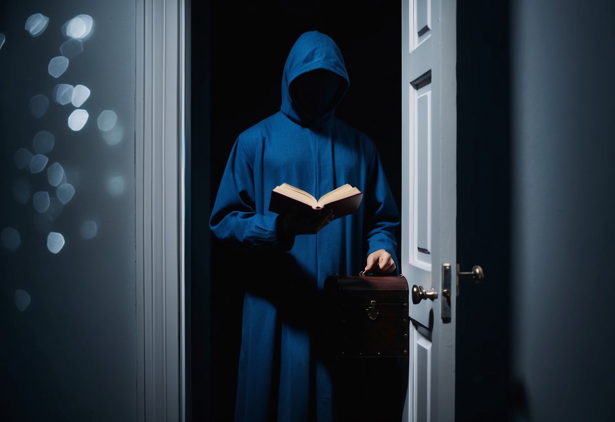 A figure standing in a shadowy doorway, with a closed book in hand and a locked chest nearby