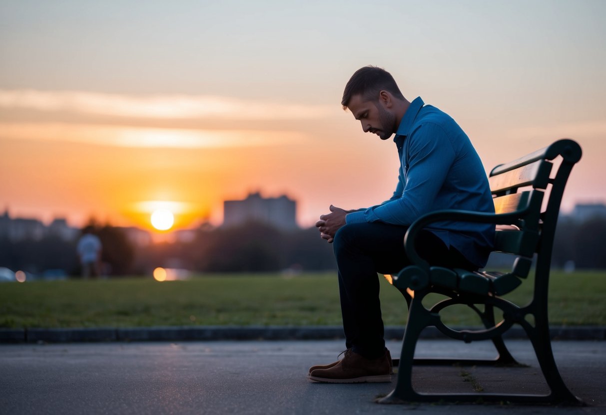 A man sitting alone on a park bench, staring blankly at the ground as the sun sets in the distance. His body language exudes a sense of detachment and emotional unavailability