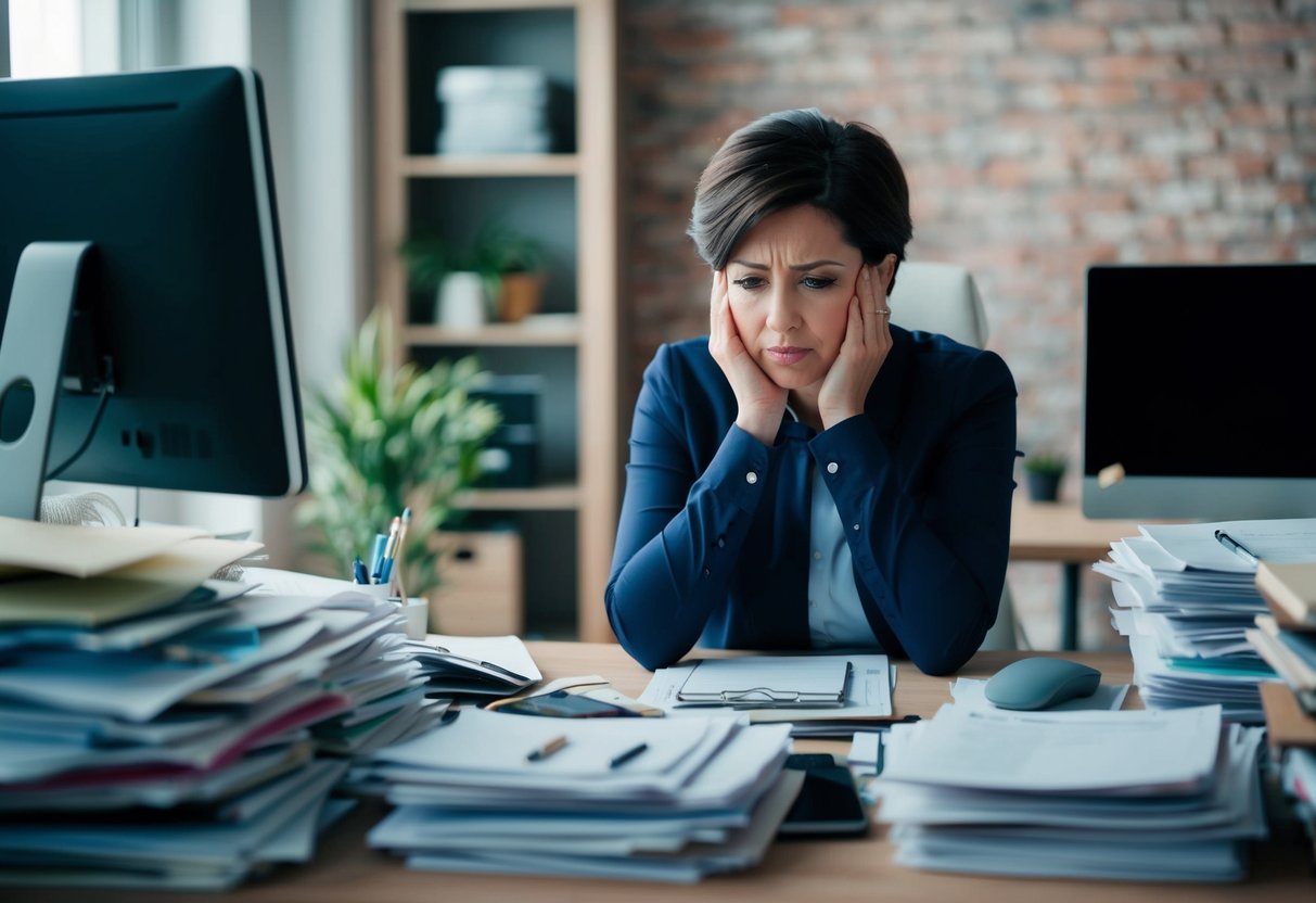 A person sitting at a desk with a cluttered work area, surrounded by piles of papers and a computer, appearing stressed and focused on their tasks