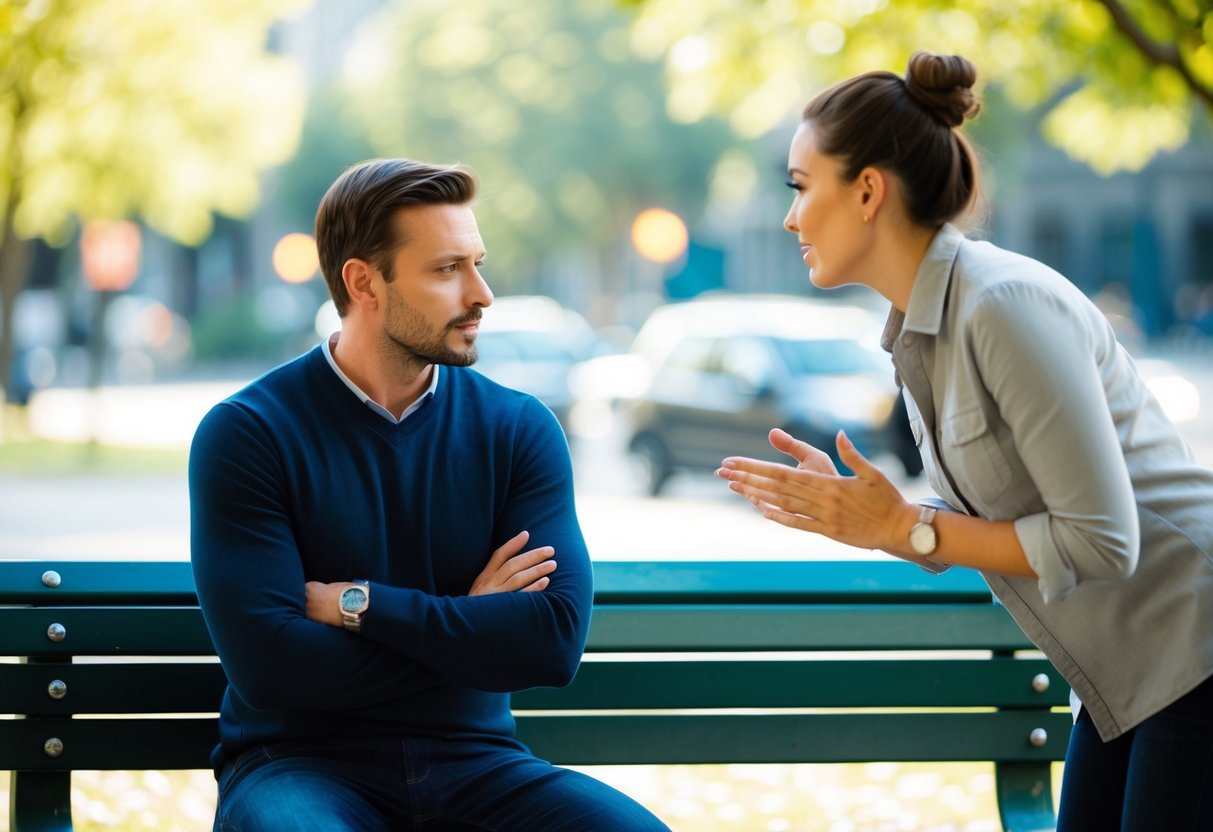 A man sitting on a park bench, looking away from a woman trying to engage him in conversation. His body language is closed off, with arms crossed and a distant expression