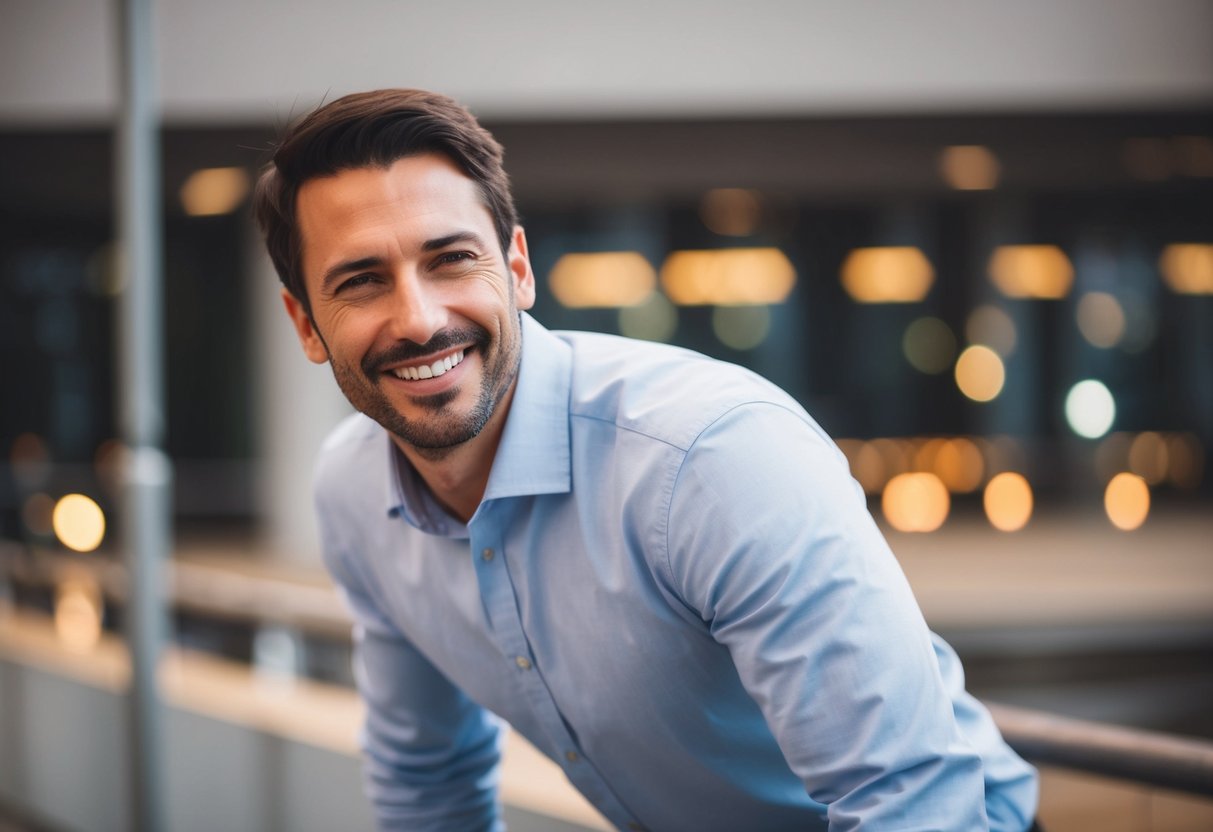 A man leaning in with open body posture, making eye contact and smiling