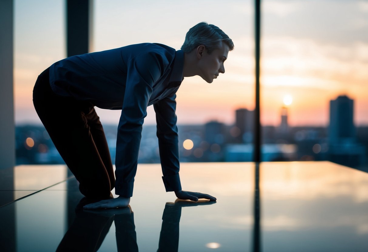 A figure leans forward with open body language, showing interest