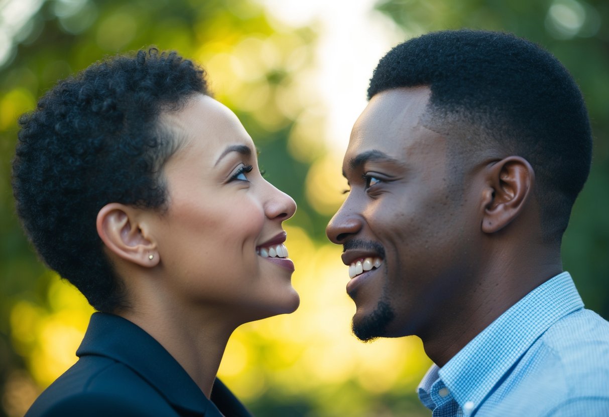 Two individuals facing each other, making frequent eye contact with open body language, leaning in and smiling