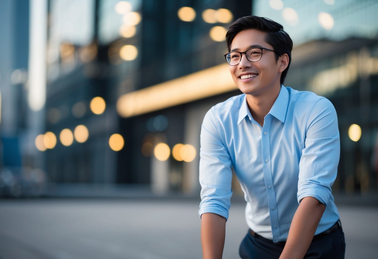 A person standing with open posture, leaning forward, making eye contact, and smiling genuinely