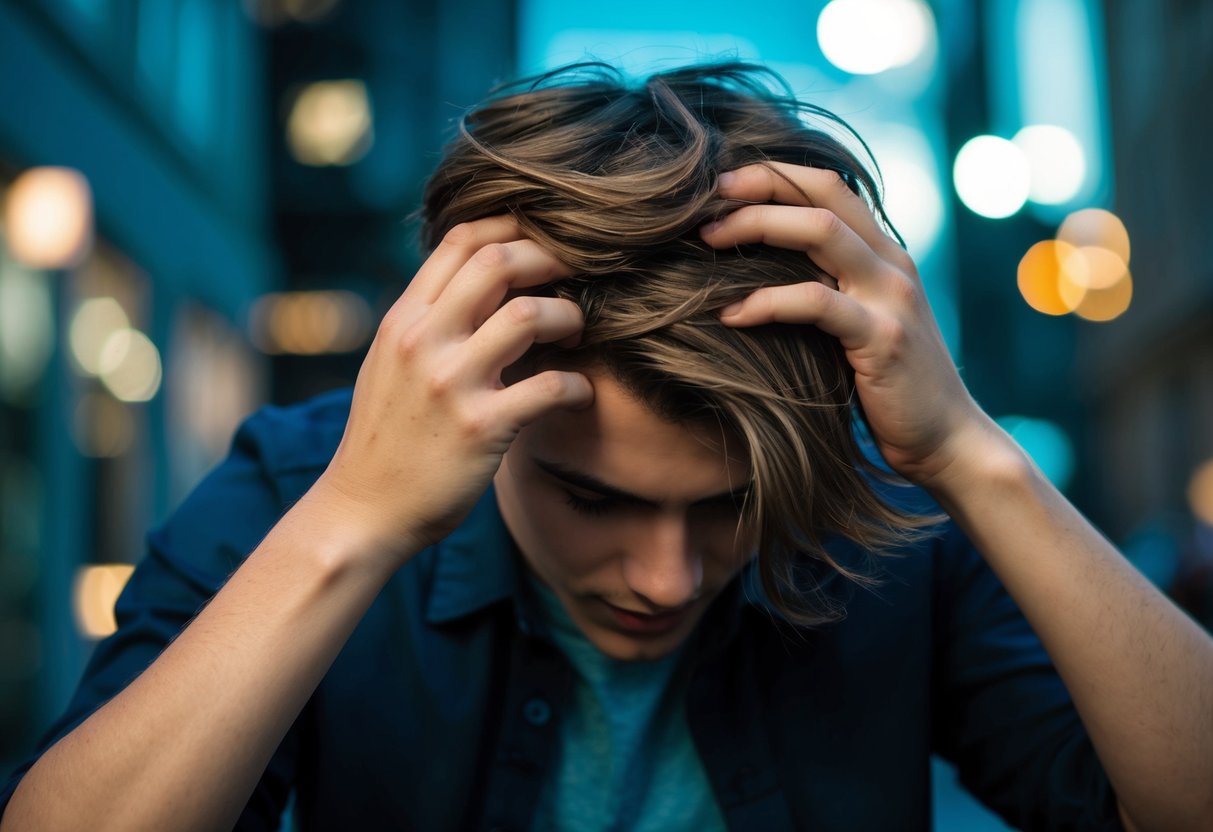 A character gently runs their fingers through their hair, showing signs of interest