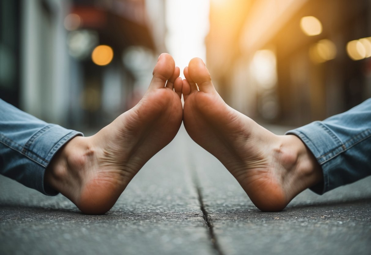 A pair of feet angled towards the viewer, with subtle signs of interest and engagement