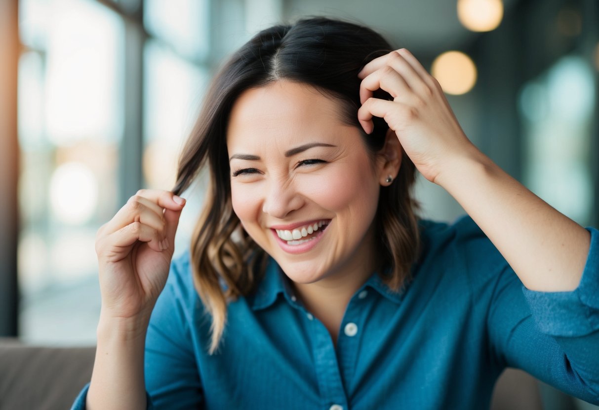 A person nervously giggles while fidgeting with their hair and making eye contact