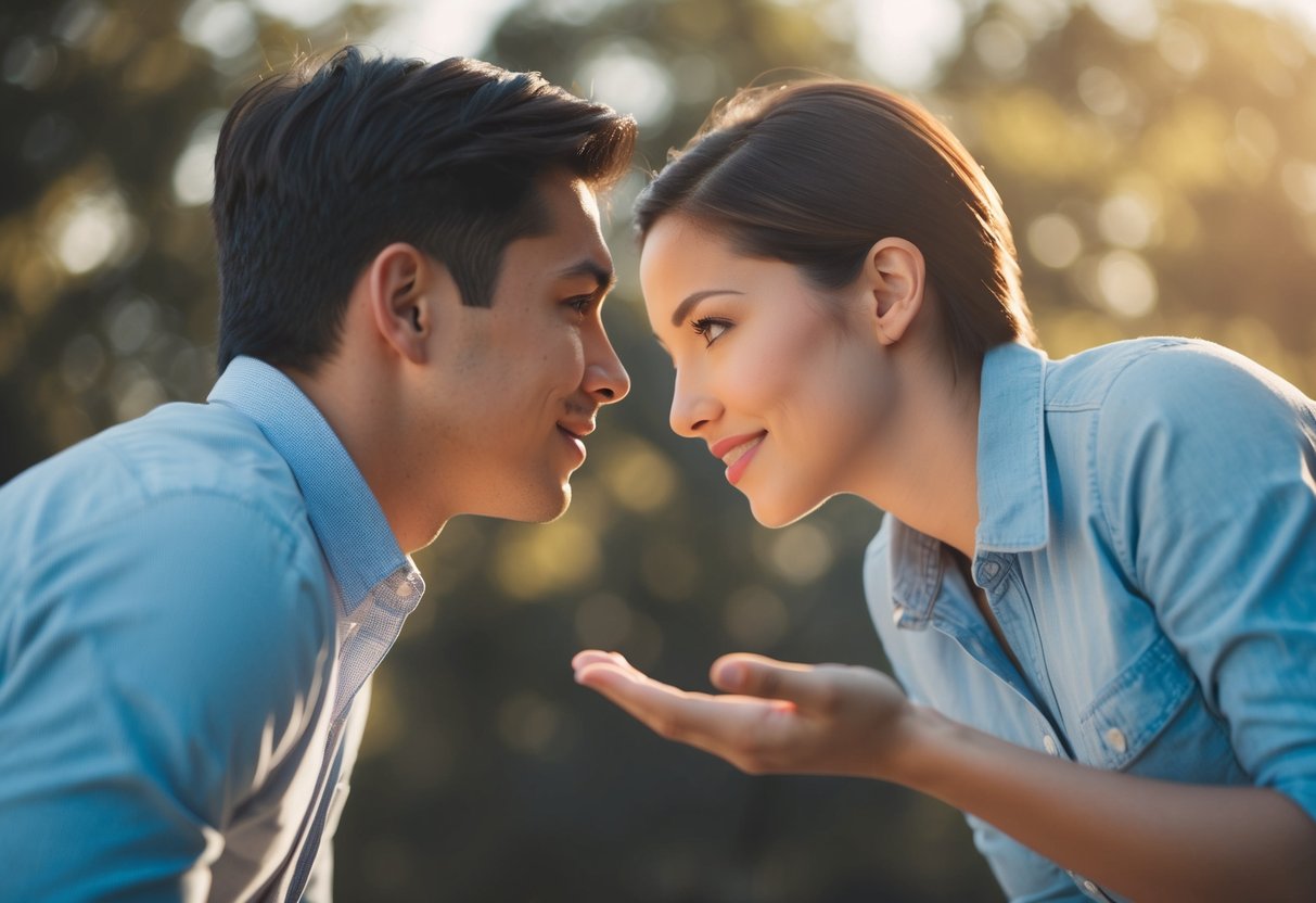 A person leaning in towards another, with their body facing towards them and their hand reaching out in a gentle, tentative manner