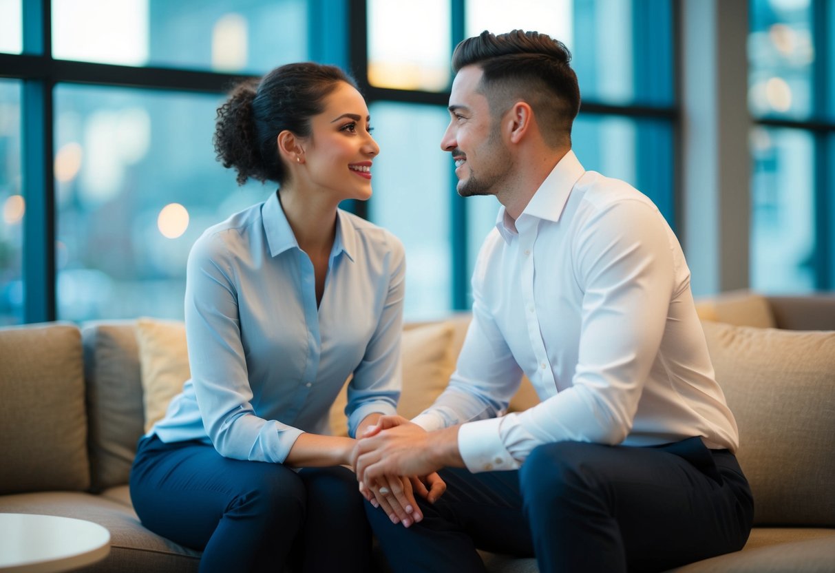 A person sitting with open posture, leaning in, making eye contact, and mirroring the other person's body language