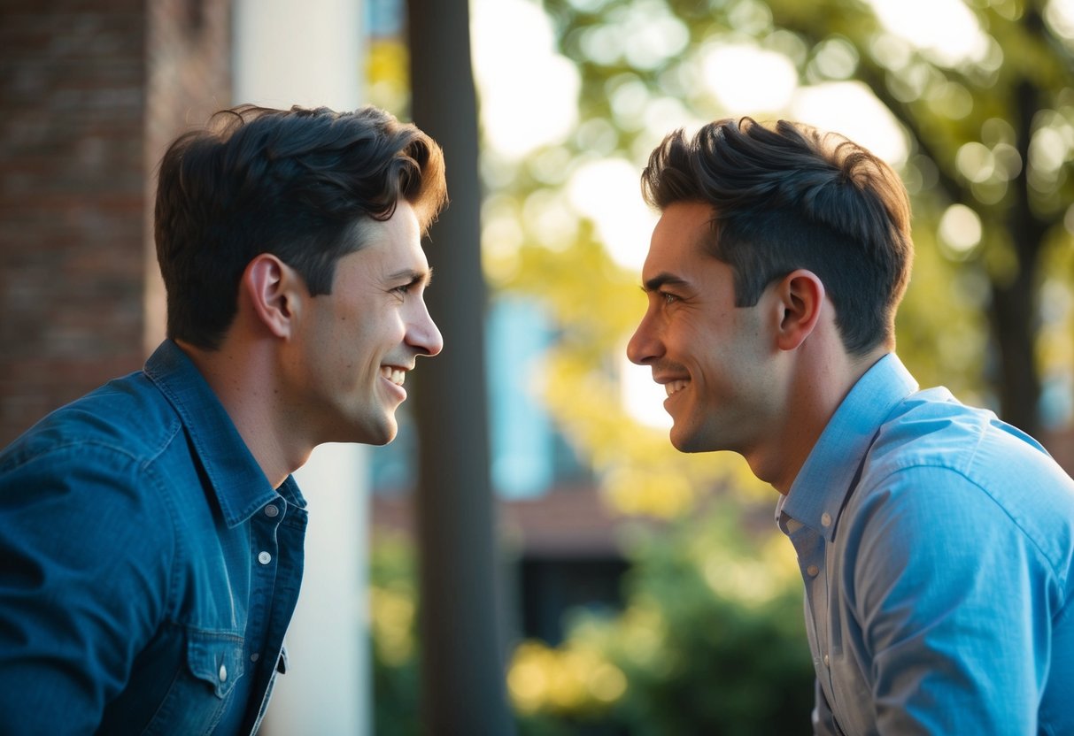 Two individuals facing each other, one leaning in with open body language, while the other maintains a relaxed and engaged posture