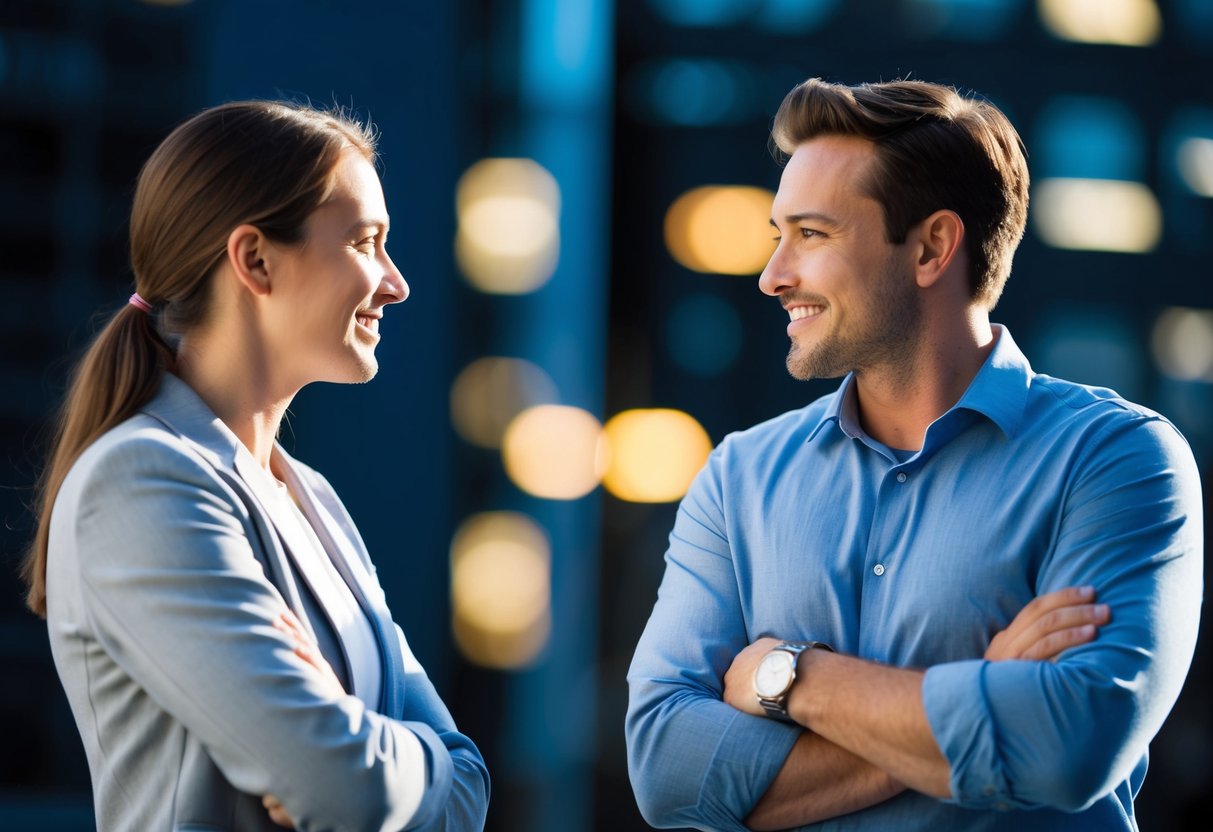 A person leaning in with open posture, making eye contact and smiling, versus someone with crossed arms and avoiding eye contact