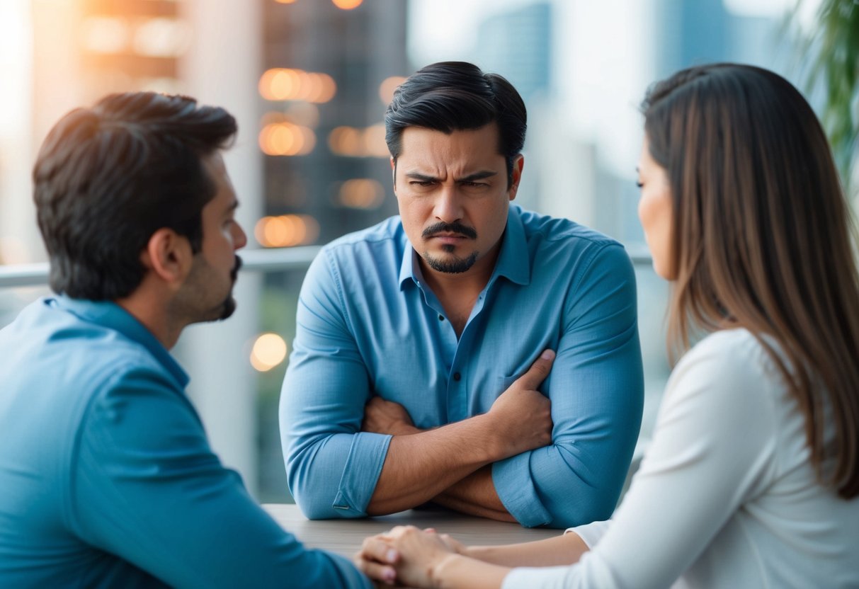 A man pouting while his partner tries to have a serious conversation. He avoids eye contact and crosses his arms defensively