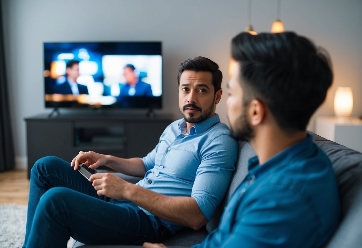 A man sitting on a couch, watching TV and avoiding eye contact with his partner who is trying to have a serious conversation