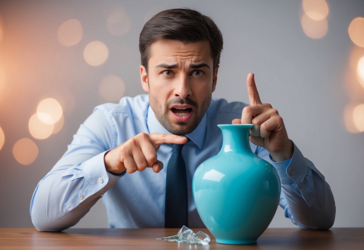 A man pointing fingers at a broken vase, looking frustrated and defensive