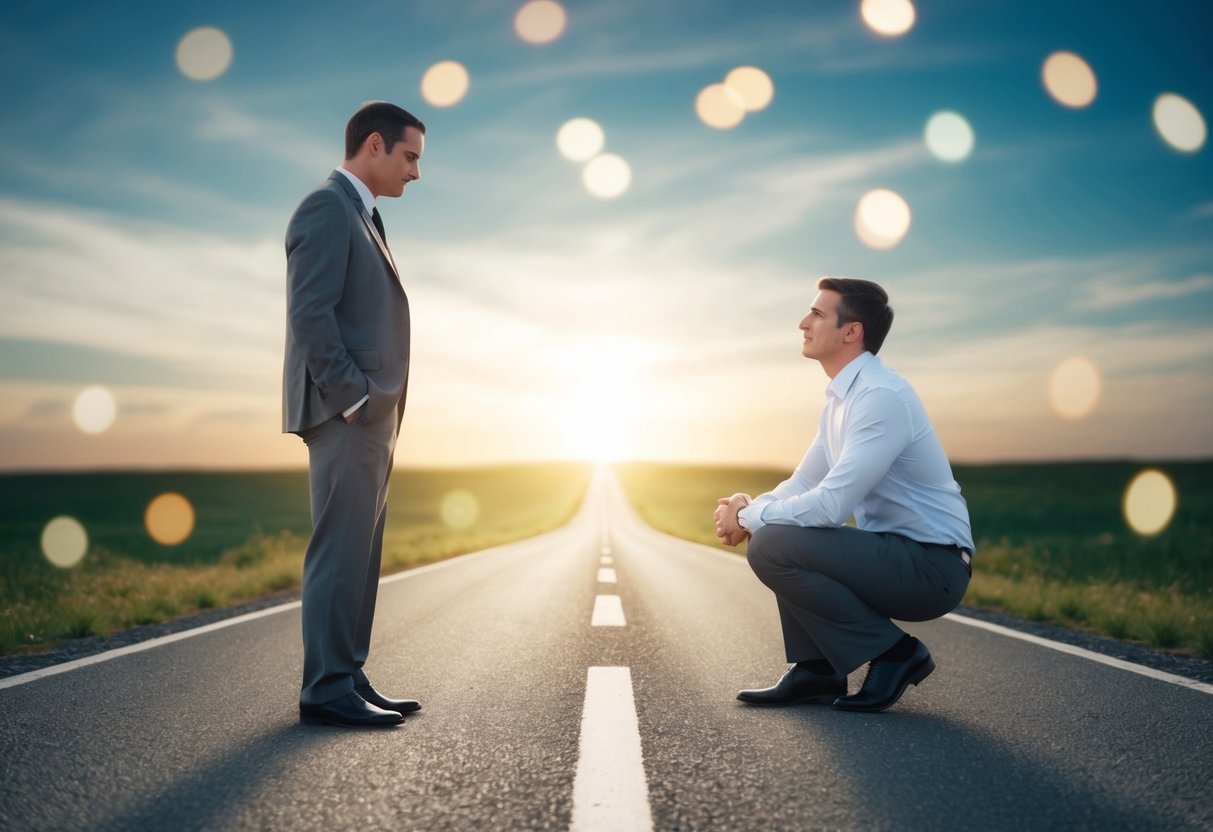 A man hesitates at a fork in the road, one path leading to a stable relationship and the other to uncertainty