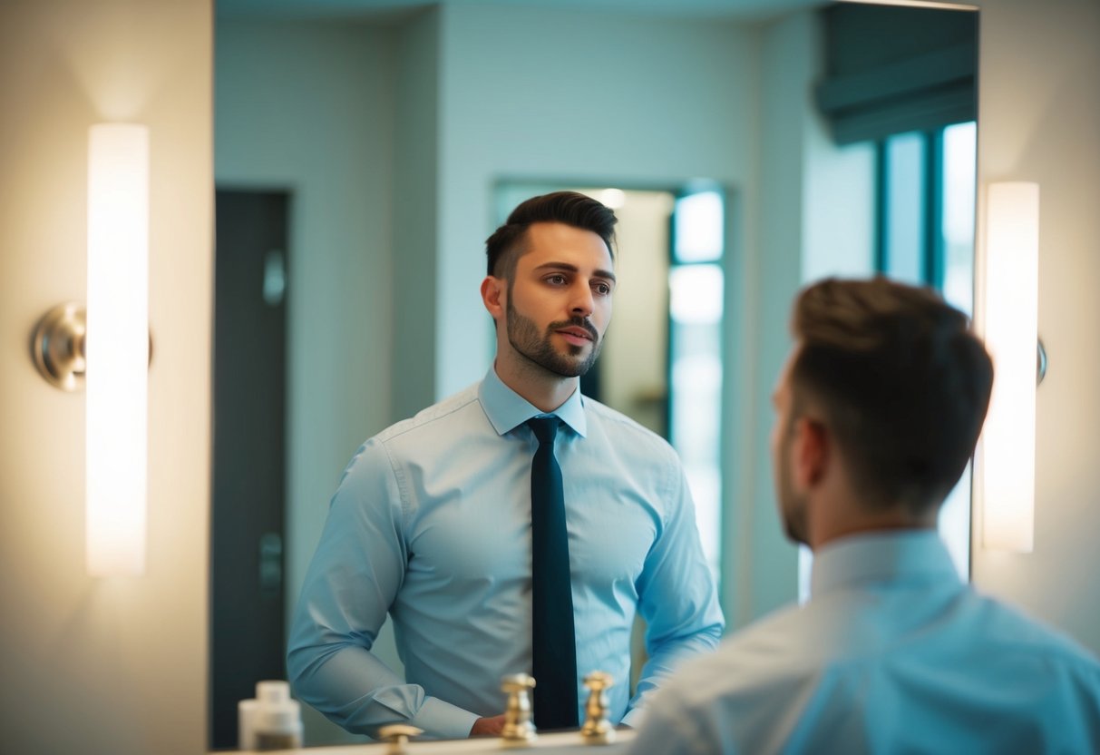 A man standing in front of a mirror, checking his appearance and seeking validation from his reflection