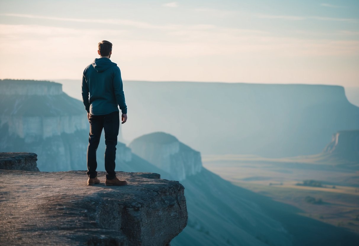 A man standing alone on a cliff, looking out at a vast and empty landscape, with a sense of isolation and fear in his posture