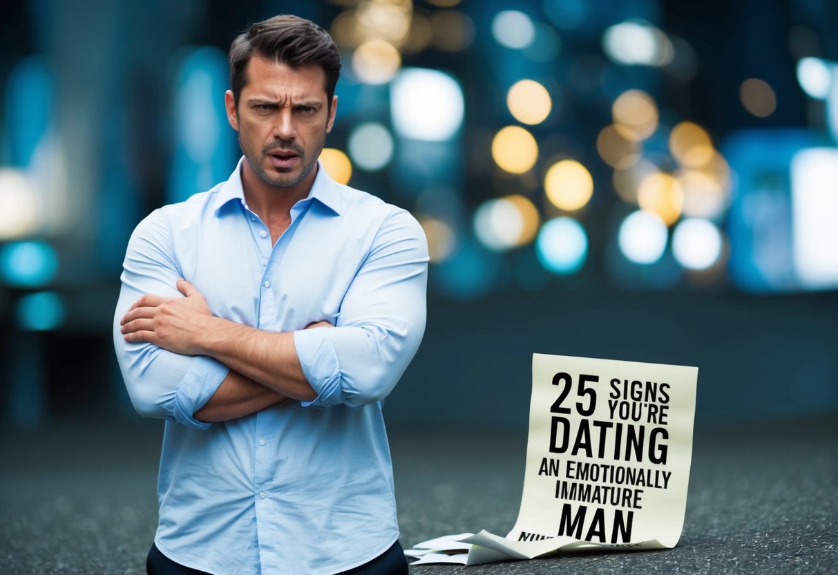 A man stands with arms crossed, a defiant expression on his face. A list of "25 Signs You're Dating an Emotionally Immature Man" is crumpled on the ground