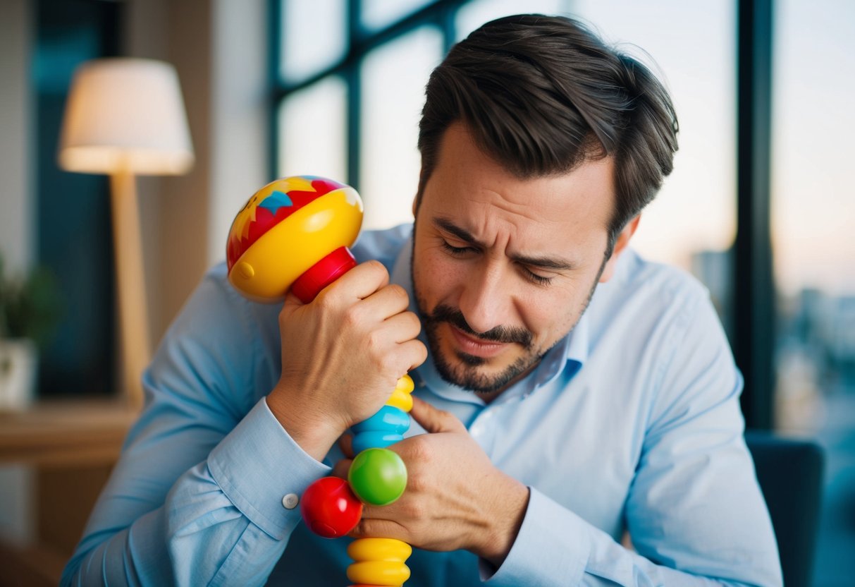 A man clutches tightly to a toy, refusing to share