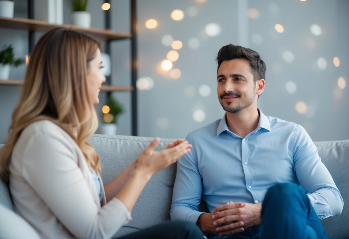 A man sitting on a couch, looking away from his partner as she tries to initiate a conversation about their future