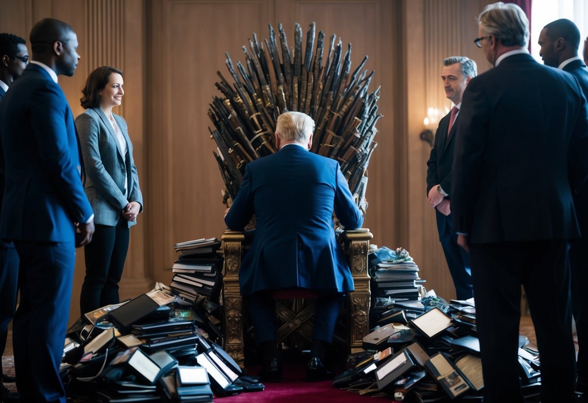 A man sits alone on a throne, surrounded by piles of material possessions while turning his back on a group of people seeking his attention