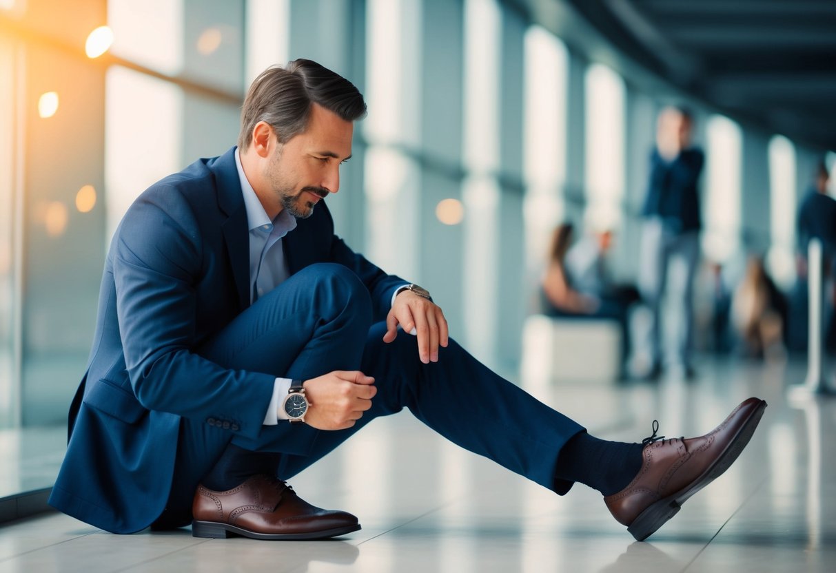 A man impatiently taps his foot while waiting, checking his watch and sighing