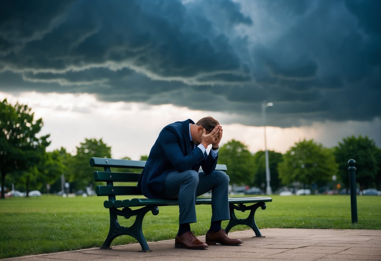 A man sitting alone on a park bench, hunched over with a defeated expression, surrounded by dark storm clouds overhead