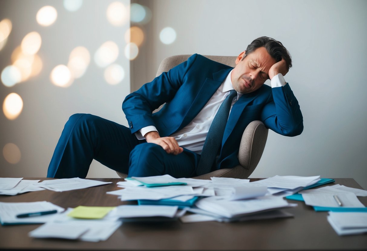 A man sits slumped in a chair, surrounded by scattered papers and a disheveled appearance. His frustrated expression and tense body language convey his inability to handle stress