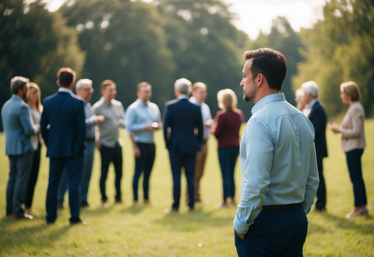 A man stands alone, looking away from a group of people gathered together