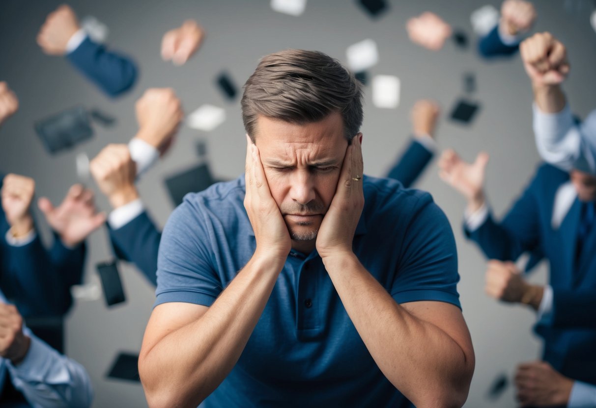 A man surrounded by scattered emotions: anger, sadness, and frustration. His face shows confusion and his body language is tense