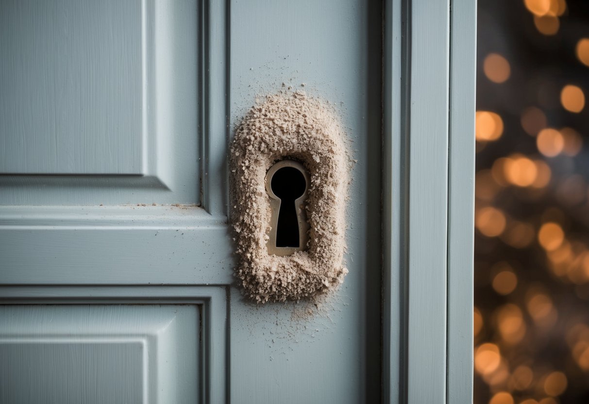 A closed door with a keyhole covered by a thick layer of dust