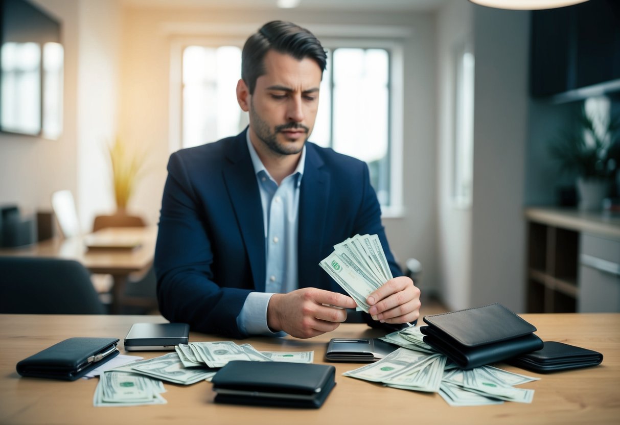 A man surrounded by unpaid bills and empty wallet