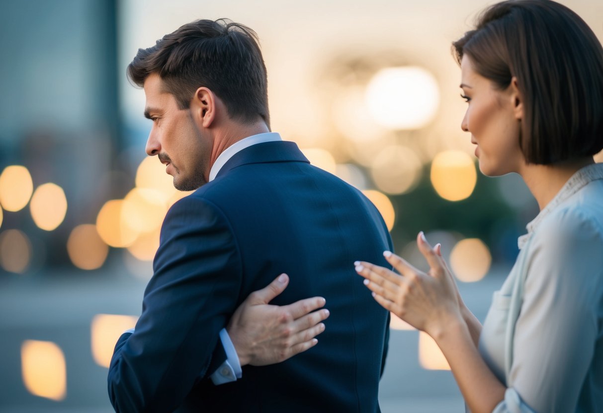 A man turning away from a woman trying to talk to him, with a closed-off expression and crossed arms